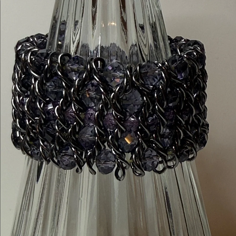 Striking Chunky Purple Black Chain multilayer woven gun metal stretch bracelet